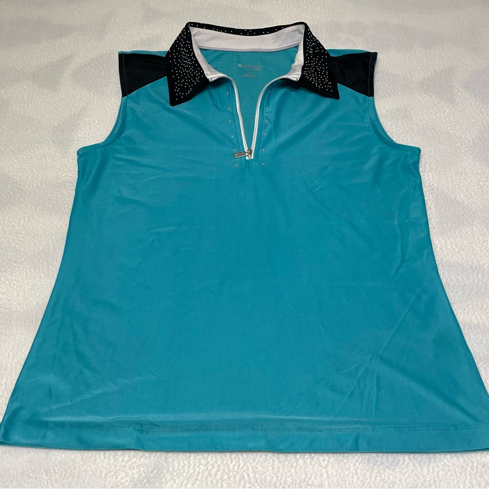 Spanner Golf Teal Sleeveless Polo Shirt with Black Studded Collar Size M